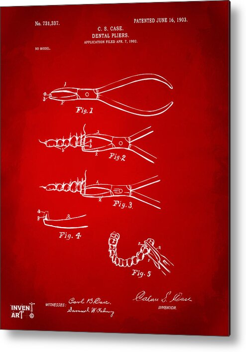 Dental Pliers Metal Print featuring the digital art 1903 Dental Pliers Patent Red by Nikki Marie Smith