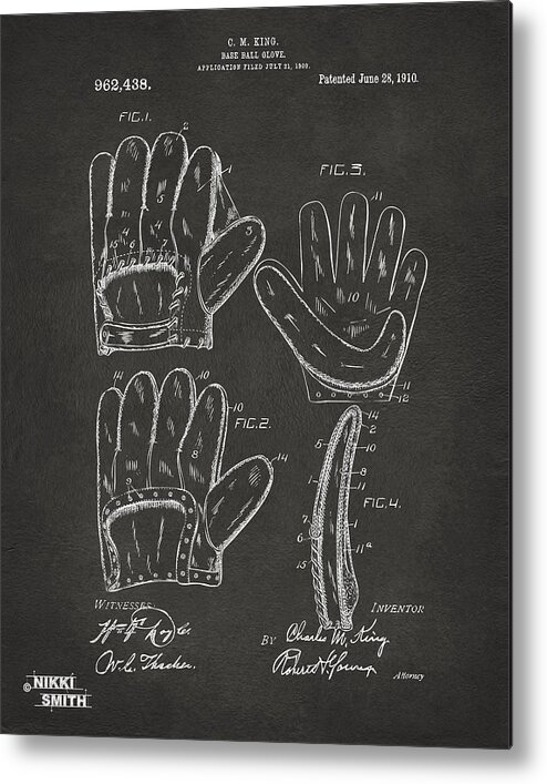 Baseball Metal Print featuring the digital art 1910 Baseball Glove Patent Artwork - Gray by Nikki Marie Smith
