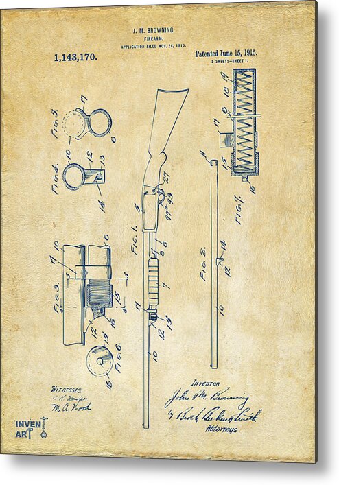 Ithaca 37 Metal Print featuring the digital art 1915 Ithaca Shotgun Patent Vintage by Nikki Marie Smith