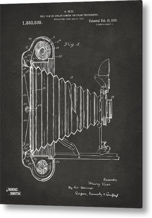 Camera Metal Print featuring the digital art 1920 Hess Camera Patent Artwork - Gray by Nikki Marie Smith