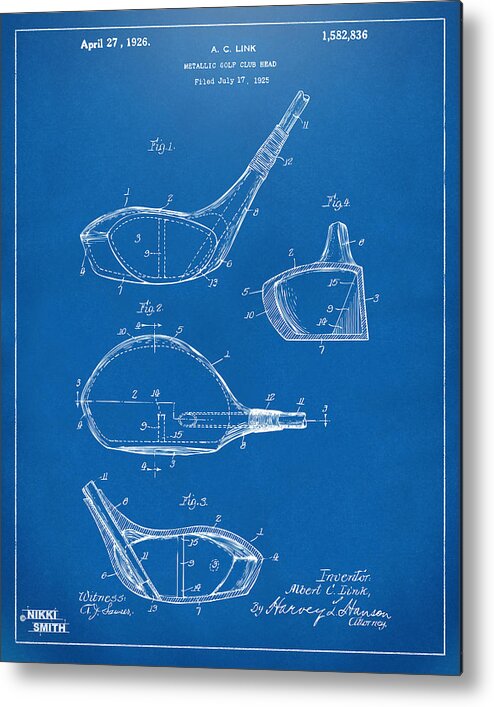 Golf Metal Print featuring the digital art 1926 Golf Club Patent Artwork - Blueprint by Nikki Marie Smith
