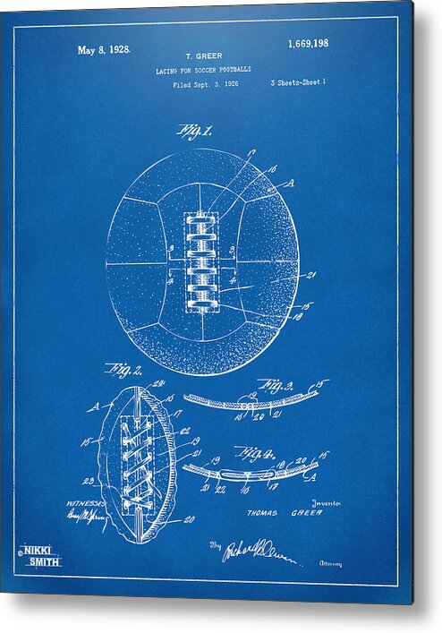Soccer Metal Print featuring the digital art 1928 Soccer Ball Lacing Patent Artwork - Blueprint by Nikki Marie Smith
