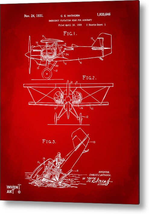 Aircraft Metal Print featuring the digital art 1931 Aircraft Emergency Floatation Patent Red by Nikki Marie Smith