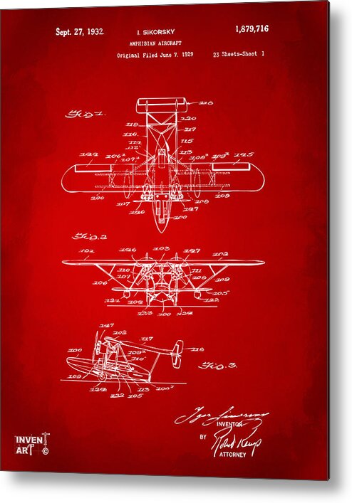 Airplane Metal Print featuring the digital art 1932 Amphibian Aircraft Patent Red by Nikki Marie Smith