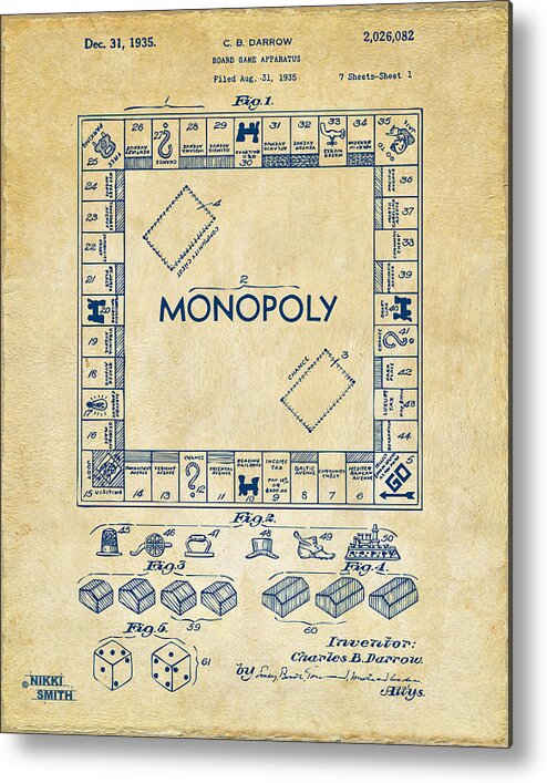 Monopoly Game Board Patent Artwork - Vintage Metal Print by Nikki Marie Smith