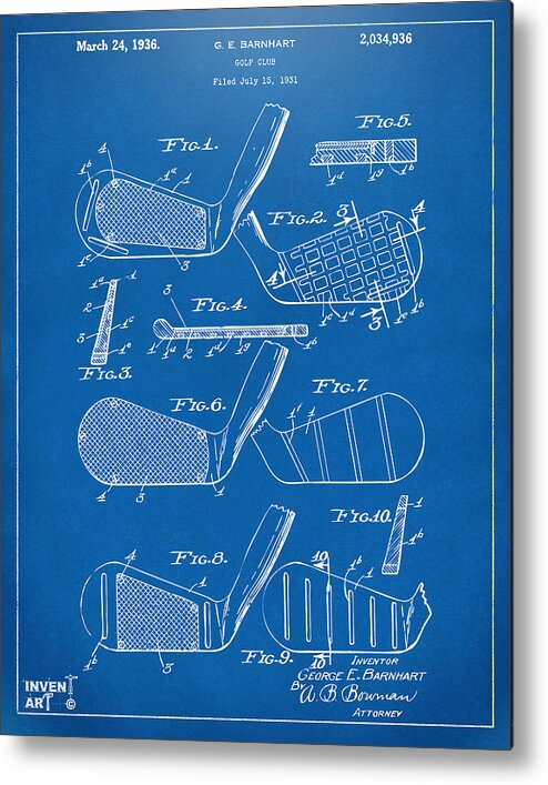 Golf Metal Print featuring the digital art 1936 Golf Club Patent Blueprint by Nikki Marie Smith