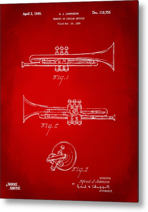 Trumpet Metal Print featuring the digital art 1940 Trumpet Patent Artwork - Red by Nikki Marie Smith