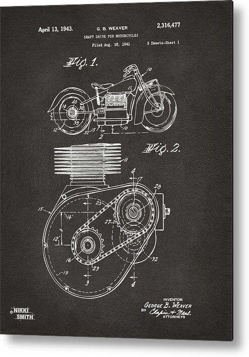 Indian Motorcycle Metal Print featuring the digital art 1941 Indian Motorcycle Patent Artwork - Gray by Nikki Marie Smith