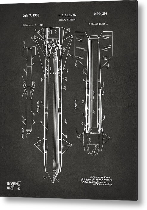 Aerial Missle Metal Print featuring the digital art 1953 Aerial Missile Patent Gray by Nikki Marie Smith