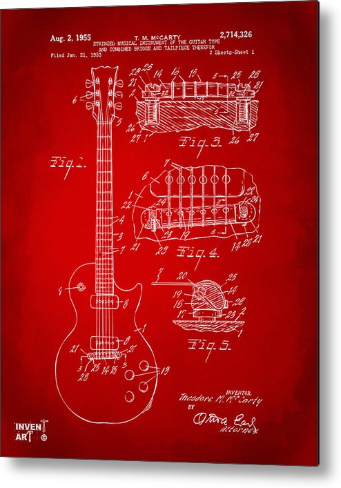 Guitar Metal Print featuring the digital art 1955 McCarty Gibson Les Paul Guitar Patent Artwork Red by Nikki Marie Smith