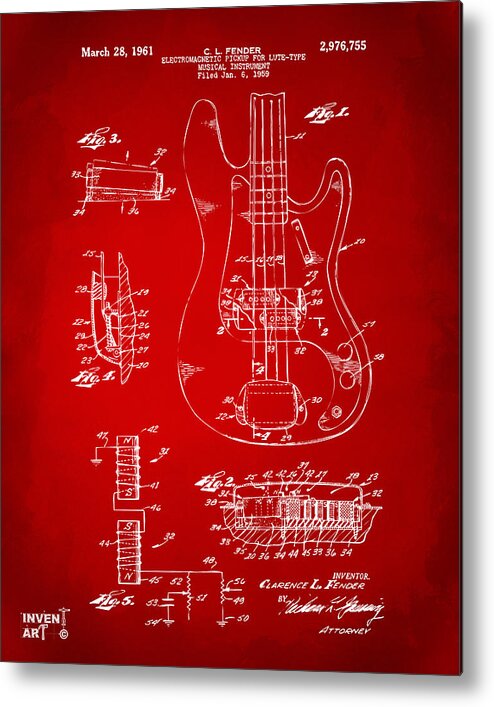 Guitar Metal Print featuring the digital art 1961 Fender Guitar Patent Artwork - Red by Nikki Marie Smith