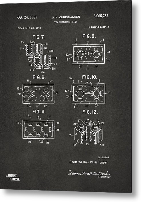 Toy Metal Print featuring the digital art 1961 LEGO Brick Patent Art - Gray by Nikki Marie Smith