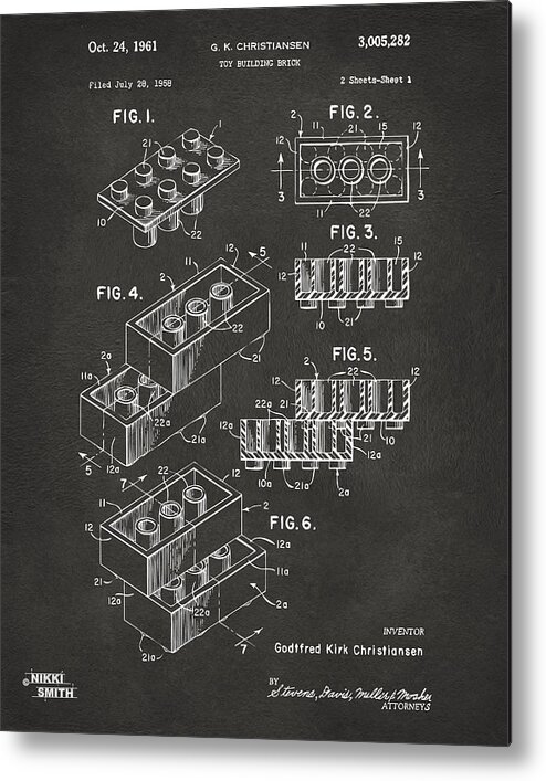Toy Metal Print featuring the digital art 1961 Toy Building Brick Patent Art - Gray by Nikki Marie Smith