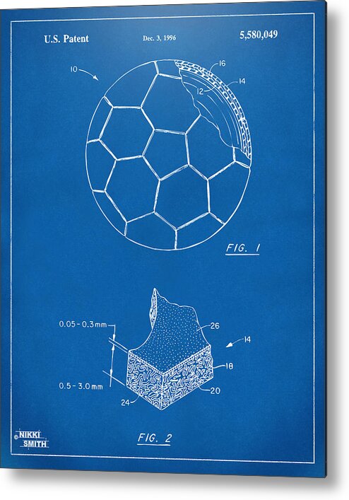 Soccer Metal Print featuring the digital art 1996 Soccerball Patent Artwork - Blueprint by Nikki Marie Smith