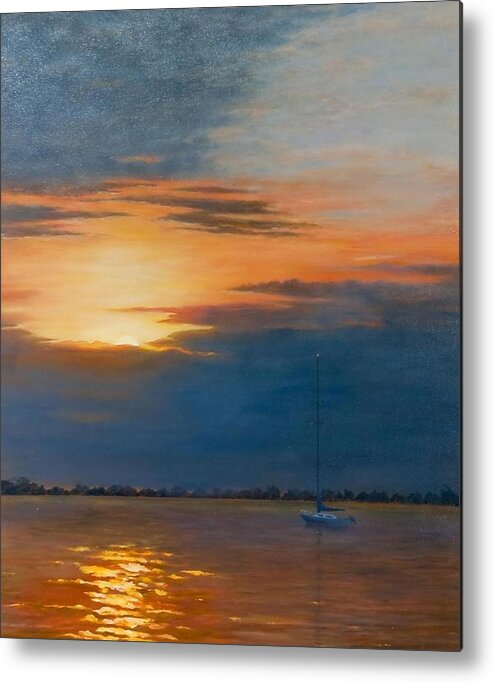 Late Sunset On Bay Metal Print featuring the painting Days End by Audrey McLeod