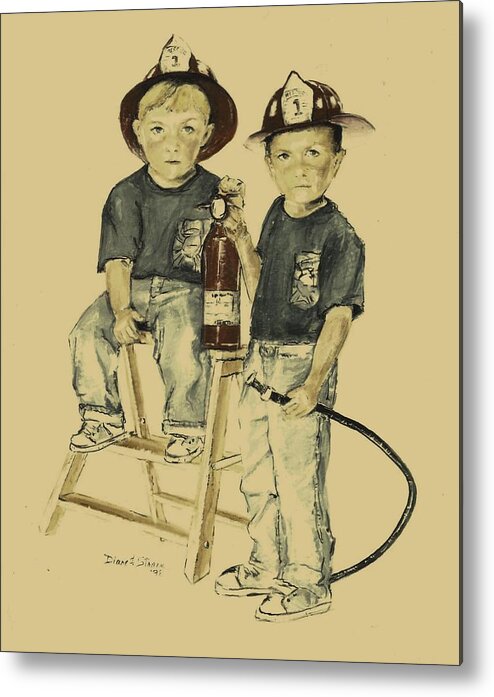  Fineartamerica.com Metal Print featuring the painting The Firefighters Sons by Diane Strain