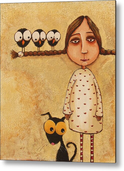 Whimsical Art Metal Print featuring the painting Three Little Crows by Lucia Stewart