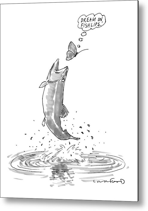 Captionless Fish Metal Print featuring the drawing A Butterfly Thinks 'dream On Fishlips' As A Trout by Michael Crawford