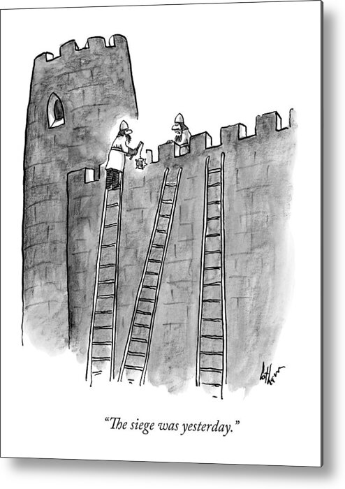 Sieges Metal Print featuring the drawing A Lone Medieval Soldier Climbs The Ladder by Frank Cotham