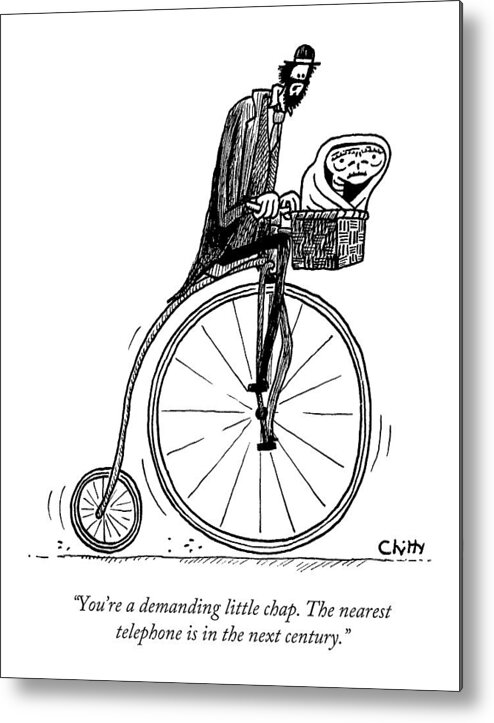 #condenastnewyorkercartoon Metal Print featuring the drawing A Man On An Old Timey Bicycle Speaks To E.t by Tom Chitty