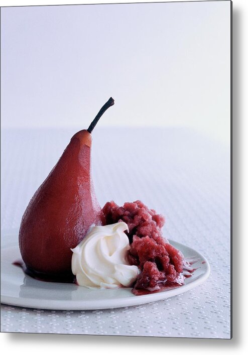 Vegetables Metal Print featuring the photograph A Poached Pear With Cream by Romulo Yanes