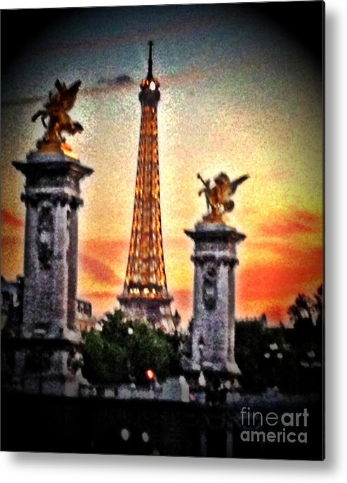 Eiffel Tower Metal Print featuring the mixed media a sunset view from the Seine by Lauren Serene