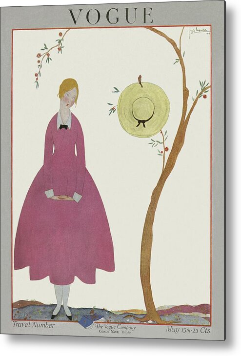 Illustration Metal Print featuring the photograph A Vogue Cover Of A Woman In A Pink Dress by Georges Lepape