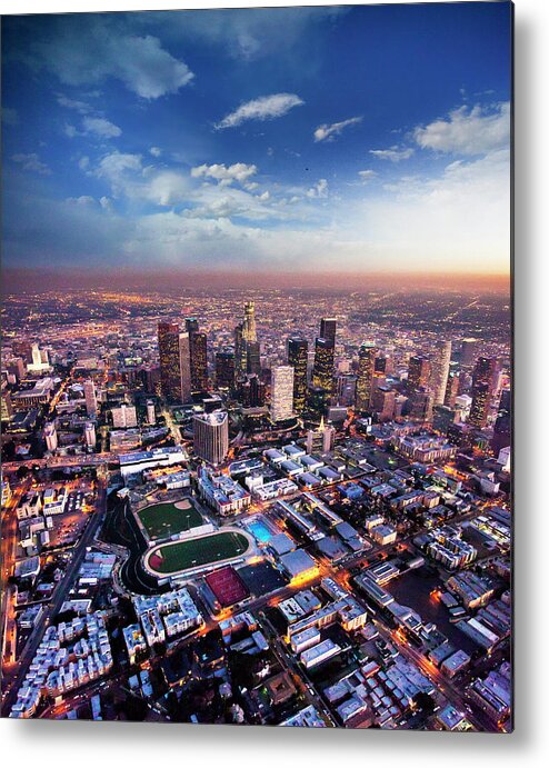 Downtown District Metal Print featuring the photograph Aerial Downtown Los Angeles At Night by Adamkaz