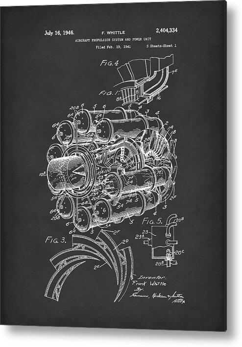 Whittle Metal Print featuring the drawing Aircraft Propulsion 1946 Patent Art Black by Prior Art Design