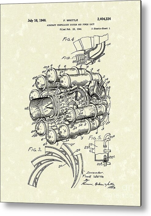 Whittle Metal Print featuring the drawing Aircraft Propulsion 1946 Patent Art by Prior Art Design