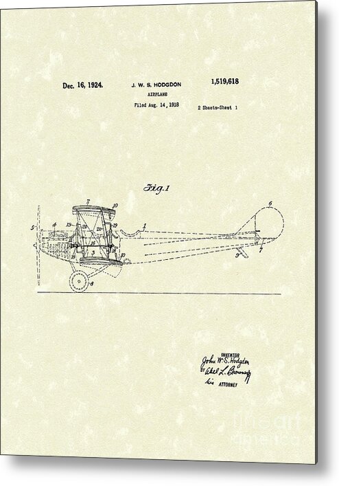 Hodgdon Metal Print featuring the drawing Airplane 1924 Patent Art by Prior Art Design