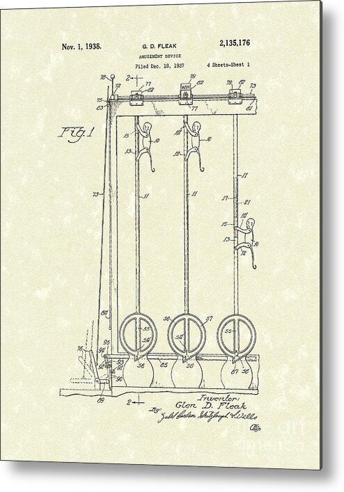 Fleak Metal Print featuring the drawing Amusement Device 1938 Patent Art by Prior Art Design