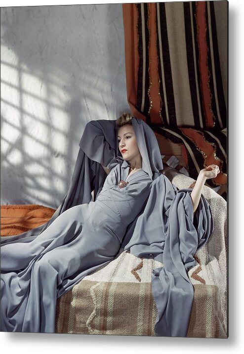 Brooch Metal Print featuring the photograph Annabella Wearing A Gray Crepe Dress by Horst P. Horst