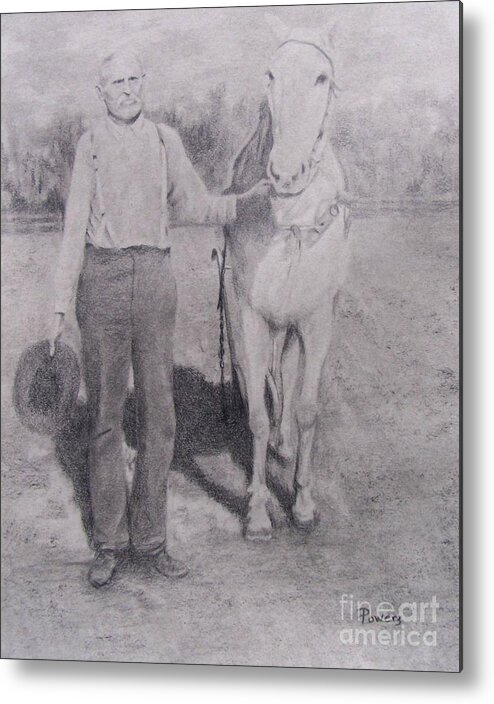Portrait Of An Elderly Farmer And His Horse Out Plowing The Field Metal Print featuring the drawing Ansel and Nellie by Mary Lynne Powers
