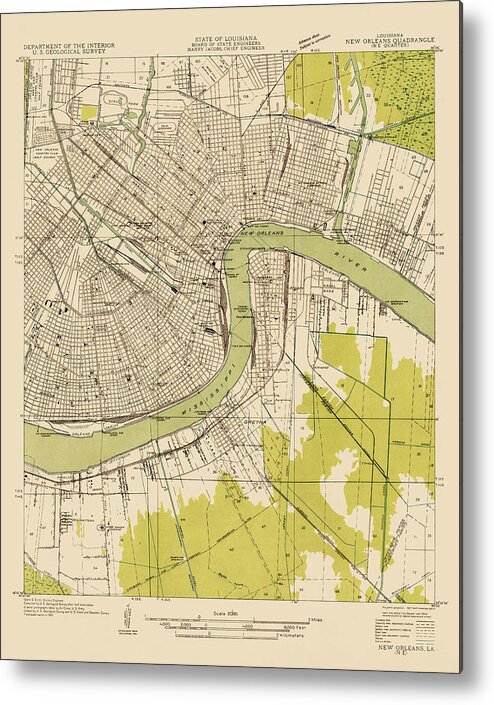 New Orleans Metal Print featuring the drawing Antique Map of New Orleans - USGS Topographic Map - 1932 by Blue Monocle