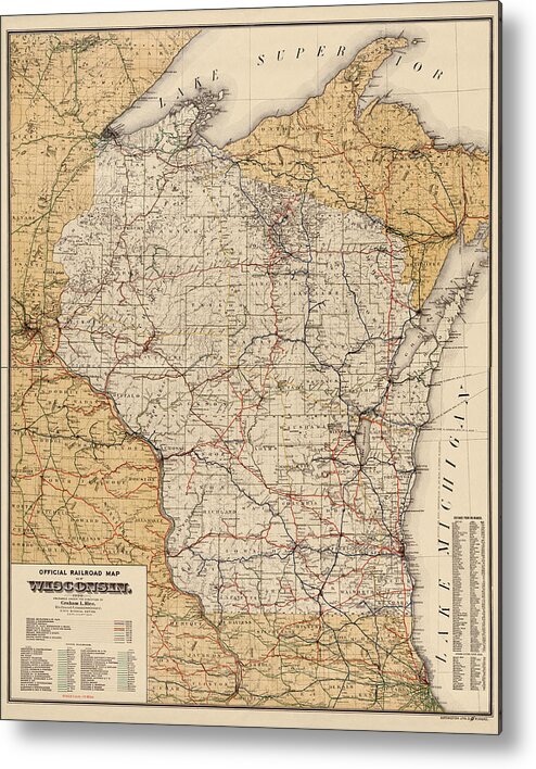 Wisconsin Metal Print featuring the drawing Antique Railroad Map of Wisconsin - 1900 by Blue Monocle