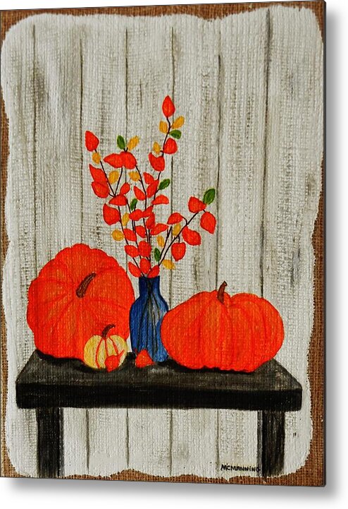 Pumpkins And Floral Arrangement Painted On Burlap Art Prints Metal Print featuring the painting Autumn Arrangement by Celeste Manning