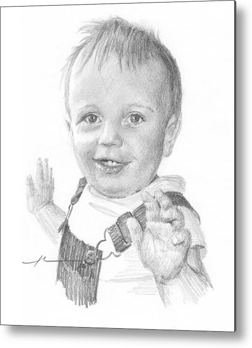 <a Href=http://miketheuer.com Target =_blank>www.miketheuer.com</a> Metal Print featuring the drawing Baby Boy In Overalls Pencil Portrait by Mike Theuer