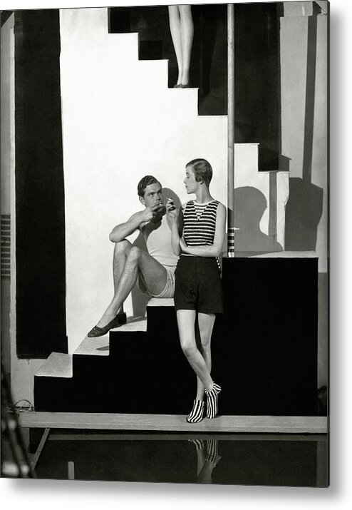 Accessories Metal Print featuring the photograph Bettina Jones Posing With A Male Model by George Hoyningen-Huene