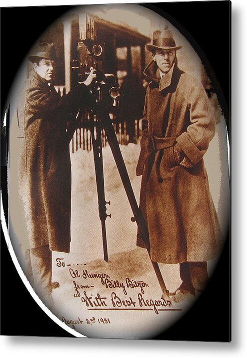 Billy Bitzer D.w. Griffith Pathe Camera Way Down East Sepia Toned Vignetted Color Added Autographed Snow Orson Welles Jean Renoir Metal Print featuring the photograph Billy Bitzer D.W. Griffith Pathe camera Way Down East 1920-2013 by David Lee Guss