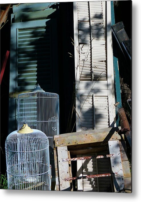 Bird Cages Metal Print featuring the photograph Bird Cages and Shutters by Carl Sheffer