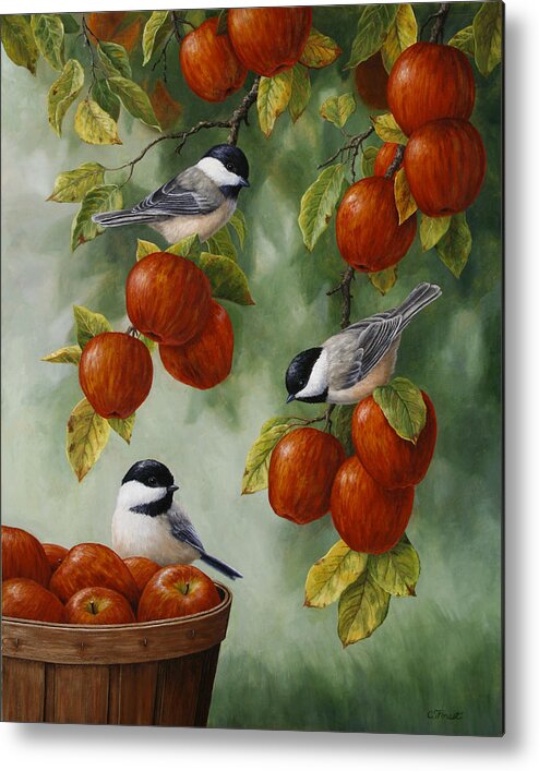 Birds Metal Print featuring the painting Bird Painting - Apple Harvest Chickadees by Crista Forest