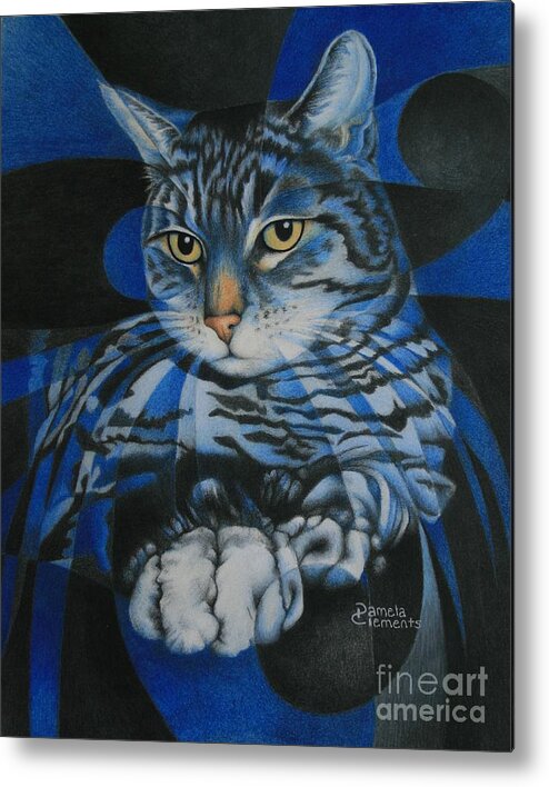 Cat Metal Print featuring the painting Blue Feline Geometry by Pamela Clements