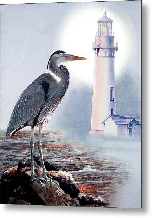  Architecture Metal Print featuring the painting Blue heron In the circle of light by Regina Femrite