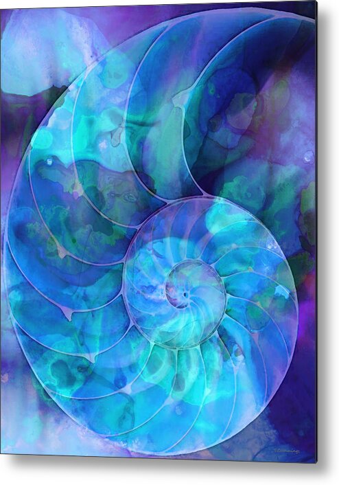 Blue Metal Print featuring the painting Blue Nautilus Shell By Sharon Cummings by Sharon Cummings