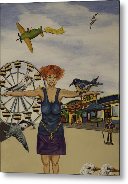 Susan Culver Fine Art Prints Metal Print featuring the painting Boardwalk Birdwoman by Susan Culver