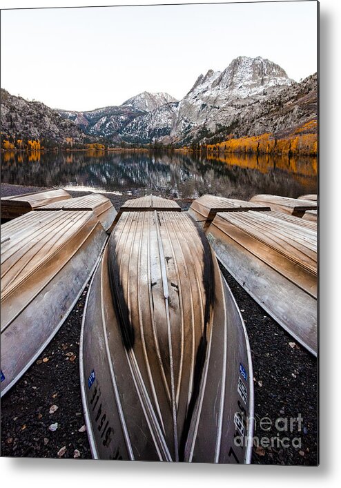 Autumn Lake Boats Metal Print featuring the photograph Boats at Mountain Lake in Autumn Fine Art Photograph Print by Jerry Cowart