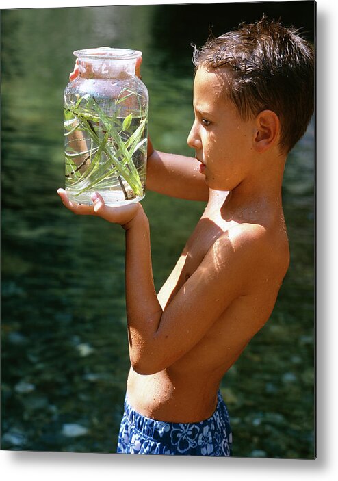 Jar Metal Print featuring the photograph Boy Holding Jar Of Pond Water by Mauro Fermariello/science Photo Library