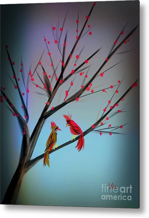 Cardinals Metal Print featuring the painting Cardinals in the Flowering Crab by Judy Via-Wolff