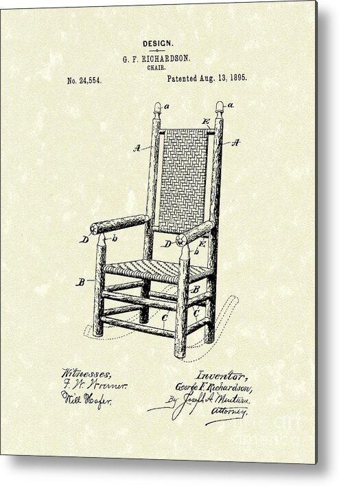 Richardson Metal Print featuring the drawing Chair 1895 Patent Art by Prior Art Design